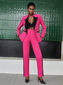 BizChic 女士拼色方領單鈕套裝 - 玫紅色 - 查看 6