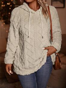 Plus Size Women Fluffy Drawstring Hooded Sweatshirt, Autumn/Winter - Apricot - View 5