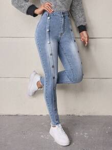SHEIN LUNE Button Detail Slim Fit Denim Jeans