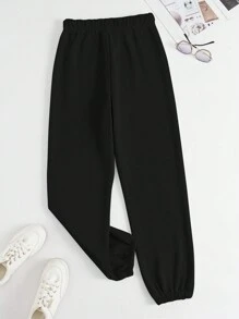 SHEIN EZwear Women's Letter Print Drawstring Jogger Pants With Elastic Cuffs - Black - View 2