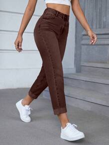 SHEIN EZwear 女式純色老爸牛仔褲,帶撞色口袋 - 棕色 - 查看 1