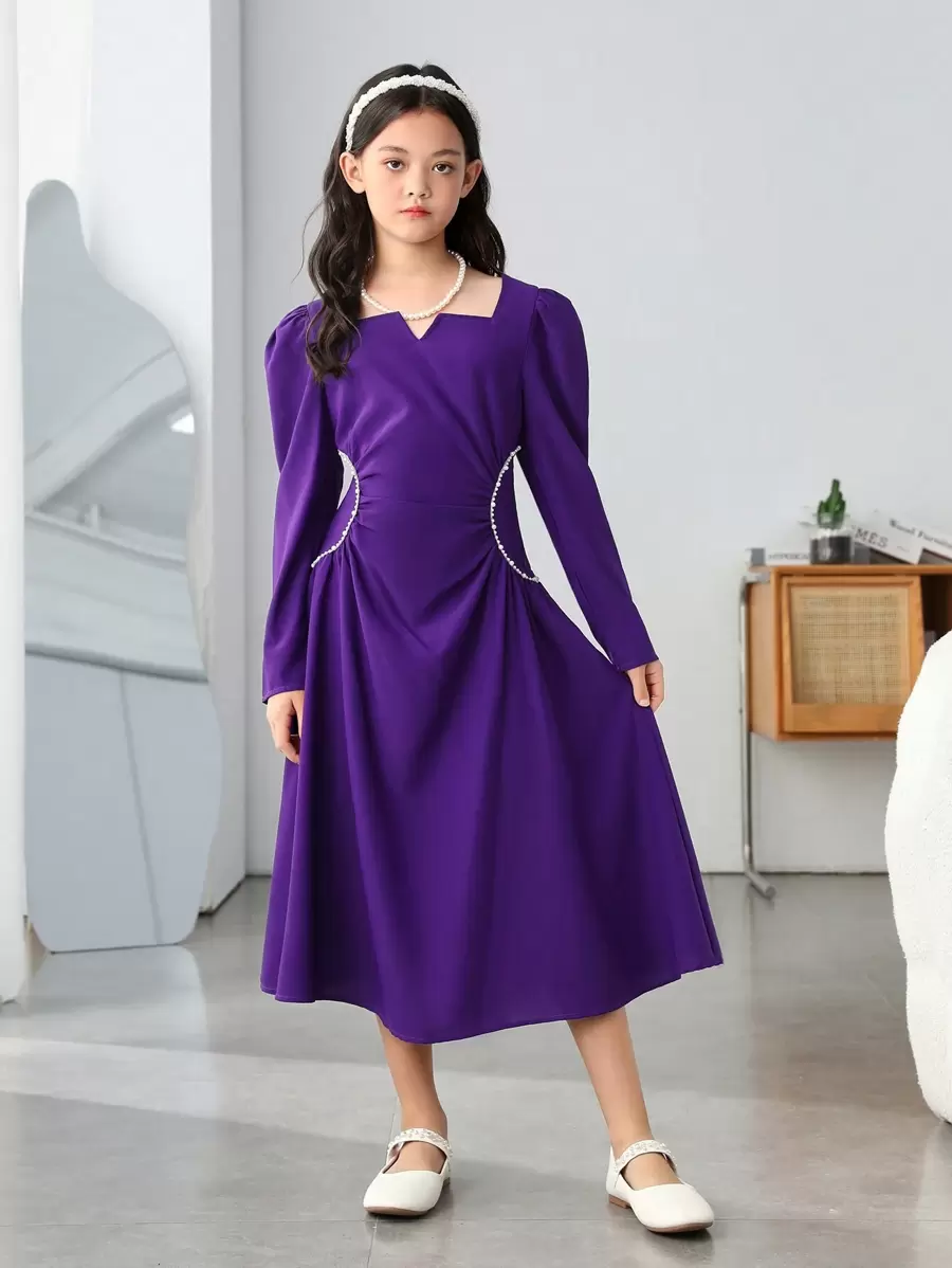 SHEIN 女大童缺口領羊腿袖前收褶洋裝 - 紫色 - 查看 1