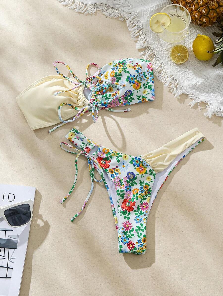 Swim Mod Summer Beach Women's Floral Printed Lace Up Bikini Set - Multicolor - View 1