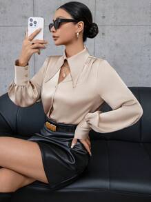 Aveloria Modichic Solid Color Long-Sleeved Shirt With Hollow Button Placket On The Front Elegant Business Casual Women  Fall Cloth For Women - Camel - View 6