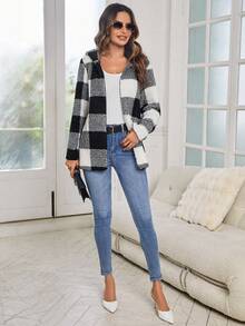 SHEIN LUNE Hoa văn kẻ sọc áo có mũ Áo khoác Teddy - màu đen - Xem 6