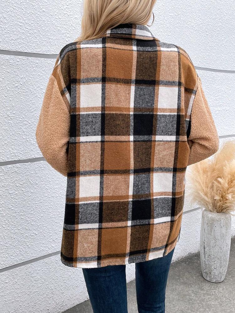 Contrast Plaid Print Flap Pocket Coat Fall Cloth For Women