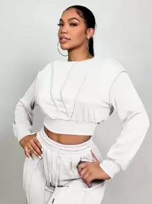 SHEIN SXY 女士純色垂墜肩短款運動衫 - 白色 - 查看 1