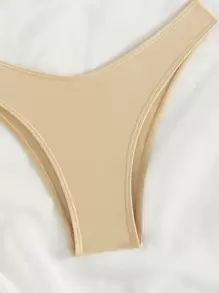 SHEIN Swim 蓬松拼接三角杯挂脖比基尼套装夏日海滩 - 卡其色 - 查看 4