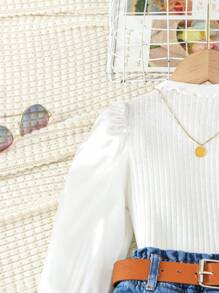 SHEIN Nhỏ bé Cô gái Mùa Thu Mùa Đông Ren Vòng cổ Tay áo dài Áo chui đầu Với thắt lưng & Hư hỏng Quần jean Bộ - trắng - Xem 3