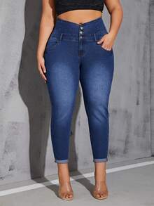 SHEIN SXY Kích thước lớn Của phụ nữ Eo cao Quần jean ôm Với Nhiều Và Chật hẹp Đôi chân - Màu xanh lam - Xem 3