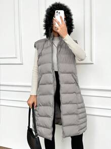 RueChic Zipper Front Stand Collar Padded Vest Style Jacket - Light Grey - View 5