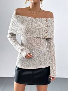 SHEIN Essnce Off-shoulder Button Detail T-shirt - Beige - View 6