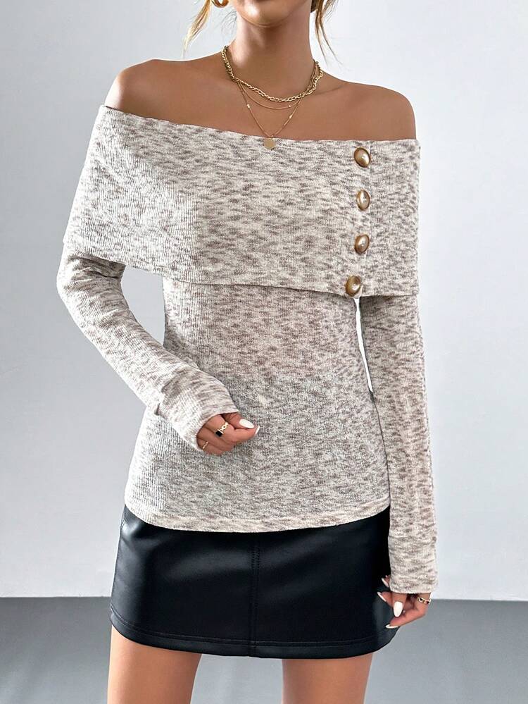 Off-shoulder Button Detail T-shirt