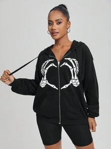 Ariqdhaksinargha Của phụ nữ Sọ & Tay In áo có mũ Áo khoác - màu đen - Xem 9