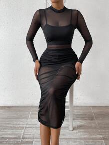 SHEIN Slayr Bộ đồ ba mảnh lưới tương phản ôm vừa vặn dành cho nữ - màu đen - Xem 7