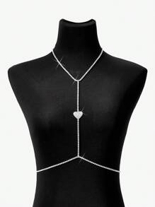 SHEIN BAE European And American New Personalized Heart & Rhinestone Decor Chest Chain Accessory, Sexy Bikini Jewelry Body Chain For Women - Silver - View 1