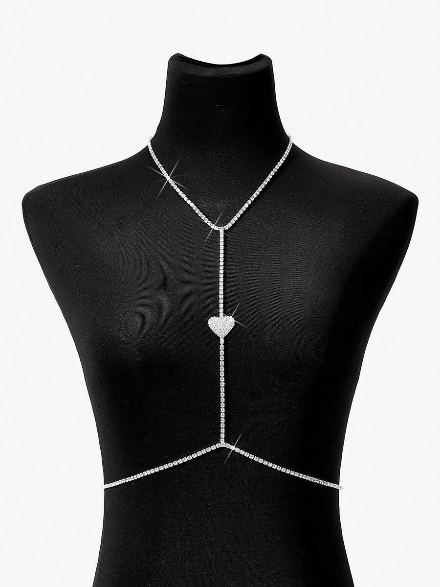 SHEIN BAE European And American New Personalized Heart & Rhinestone Decor Chest Chain Accessory, Sexy Bikini Jewelry Body Chain For Women - Silver - View 1