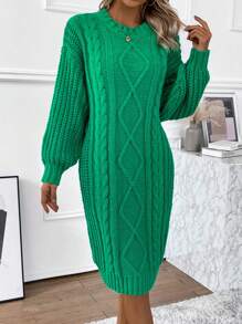 SHEIN LUNE Solid Color Woolen Drop Shoulder Sweater Dress - Green - View 3