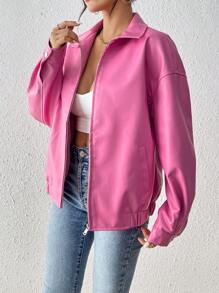 SHEIN EZwear 粉色落肩皮夾克 - 粉色 - 查看 3