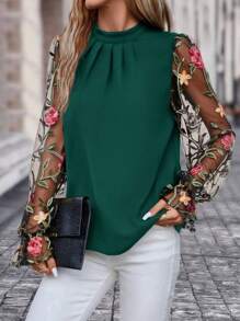 SHEIN Clasi Camisa de mujeres de malla con con bordado floral con retazo - Verde Oscuro - Ver 3