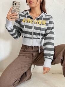 SHEIN EZwear Women's Striped Hoodie With Letter Print And Drawstring - Grey - View 4