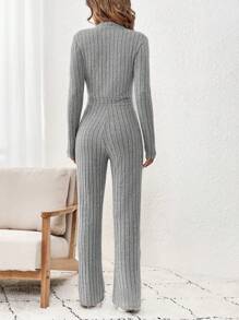 SHEIN LUNE Women'S Brushed Distressed Ribbed Texture Zipper Jumpsuit - Grey - View 2