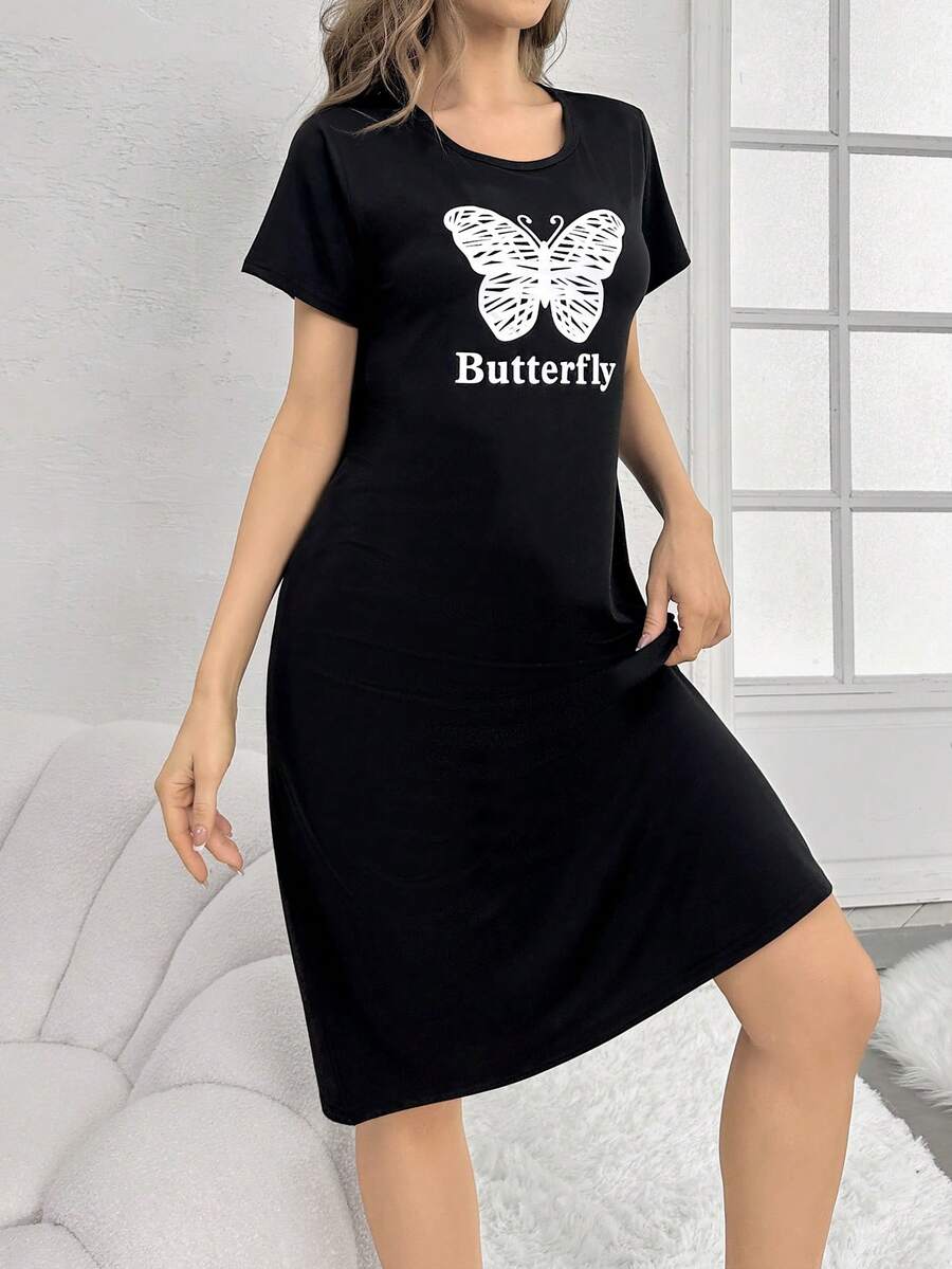 女士蝴蝶字母印花睡衣 - 黑色 - 查看 1