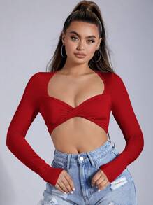 SHEIN SXY 女士扭結短袖t恤衫 - 紅色 - 查看 4