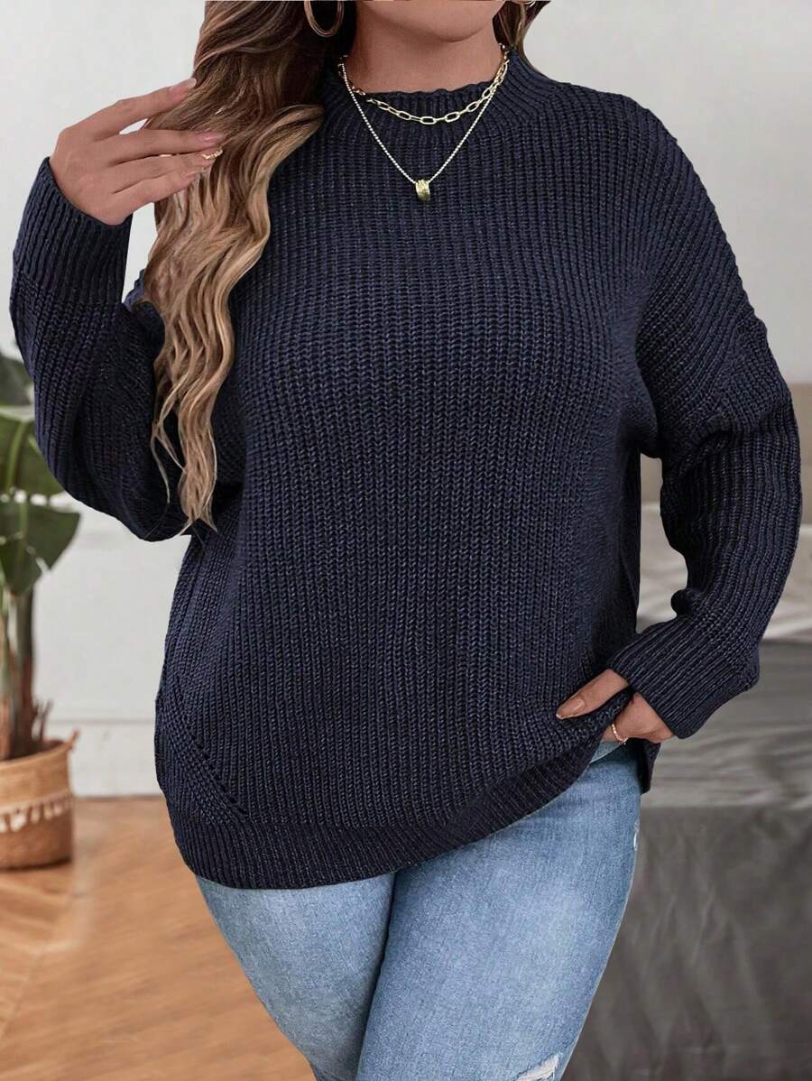 SHEIN LUNE 大碼落肩袖條紋針織套頭毛衣 - 藏蓝色 - 查看 1