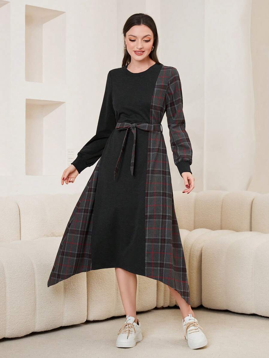 Seusyu Patchwork Plaid Print Self-Tie Belt Asymmetrical Hem Sweatshirt Dress Pullover Fall Outfit - Black - View 1