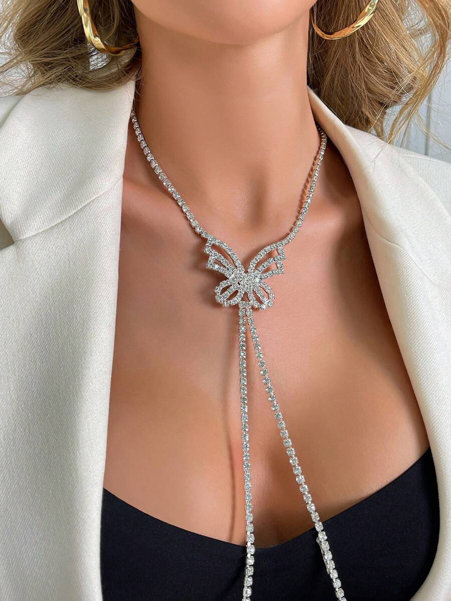 Bijuterii colier Y cu incrustații cu stras în formă de fluture pentru femei