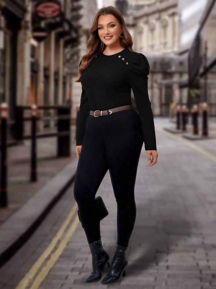SHEIN Clasi Plus Size Button Details Puff Sleeve T-shirt - Black - View 6