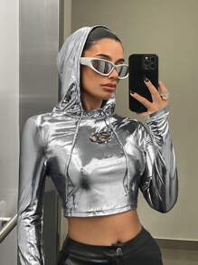 SHEIN ICON áo có mũ Ngắn Quần skinny Chặt Tay áo dài Áo thun - Bạc - Xem 1
