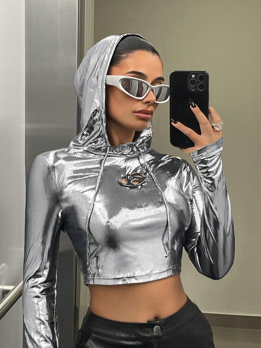 SHEIN ICON áo có mũ Ngắn Quần skinny Chặt Tay áo dài Áo thun - Bạc - Xem 1