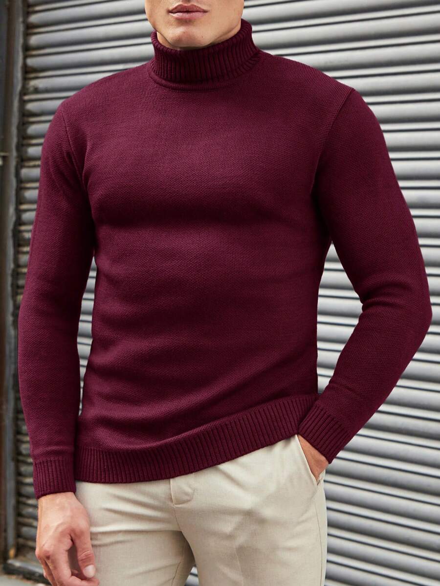 SHEIN Cottnline Simple Men's Solid Color Turtleneck Sweater, Versatile - Burgundy - View 1