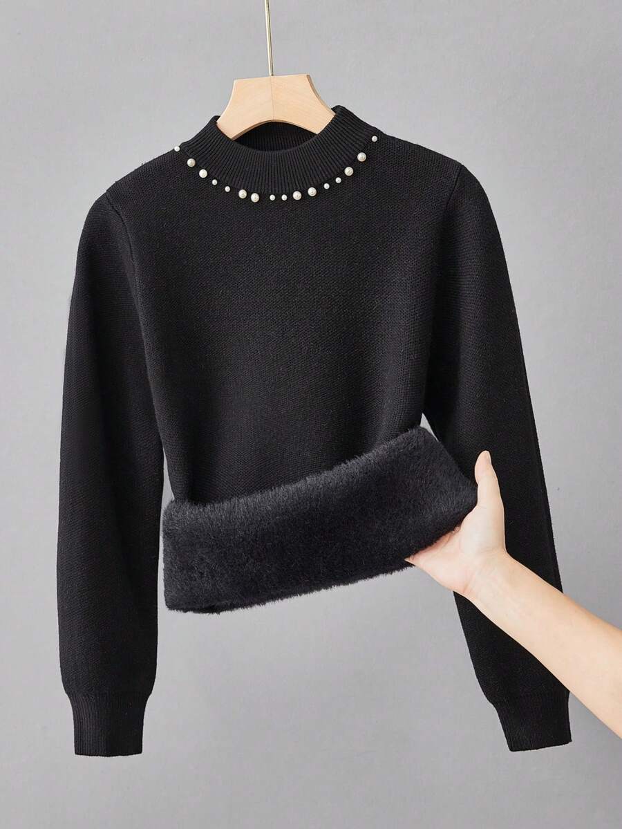 SHEIN Cô gái Trân châu Trang trí Sang trọng Áo len - màu đen - Xem 1