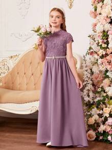 SHEIN 青少女針織純色蕾絲拼布針織裙 - 淺灰紫 - 查看 3