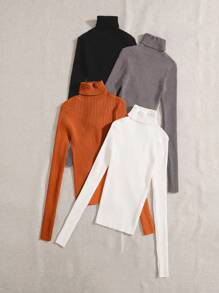 SHEIN LUNE 4pcs Turtle Neck Ribbed Knit Sweater - Multicolor - View 3