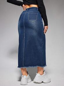 SHEIN EZwear Frayed Hem Washed Denim Skirt - Dark Wash - View 2