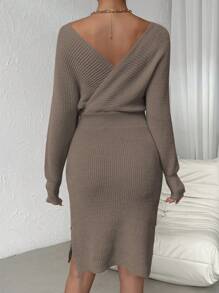 SHEIN Privé 女士交叉前緊身毛衣連衣裙 - 卡其色 - 查看 2