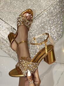 Của phụ nữ Vàng Giày cao gót Dép xăng đan Hàng mới đến Kim sa Khóa dây đeo Thanh lịch Và Đúng mốt Chóp giầy tròn Gót dày Giày dép - Vàng - Xem 1