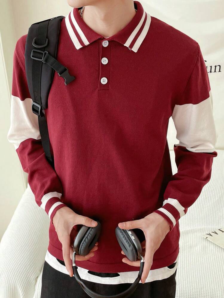 Men's Polo Collar Striped Cuff Sweater