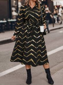 SHEIN LUNE Plus Chevron Print Belted Shirt Dress