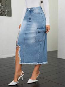 Women's Flap Pocket Distressed Frayed Hem Denim Skirt - Medium Wash - View 4