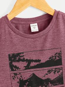 SHEIN 幼童男孩休閒寬鬆圓領長袖t恤 - 酒紅色 - 查看 4