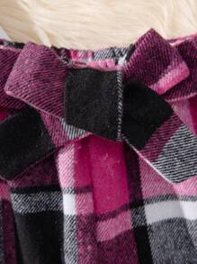 SHEIN Girls' Solid Color Base Shirt And Plaid Long Pants Two Piece Set - Multicolor - View 3