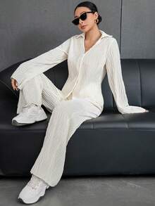 SHEIN Essnce Women's Texture Fabric Two-piece Set - Beige - View 4