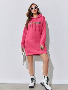 SHEIN EZwear Women's Heart Print Hoodie Dress - Hot Pink - View 7