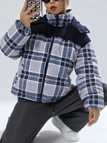 SHEIN EZwear Women's Plaid Hooded Padded Coat - Multicolor - View 6