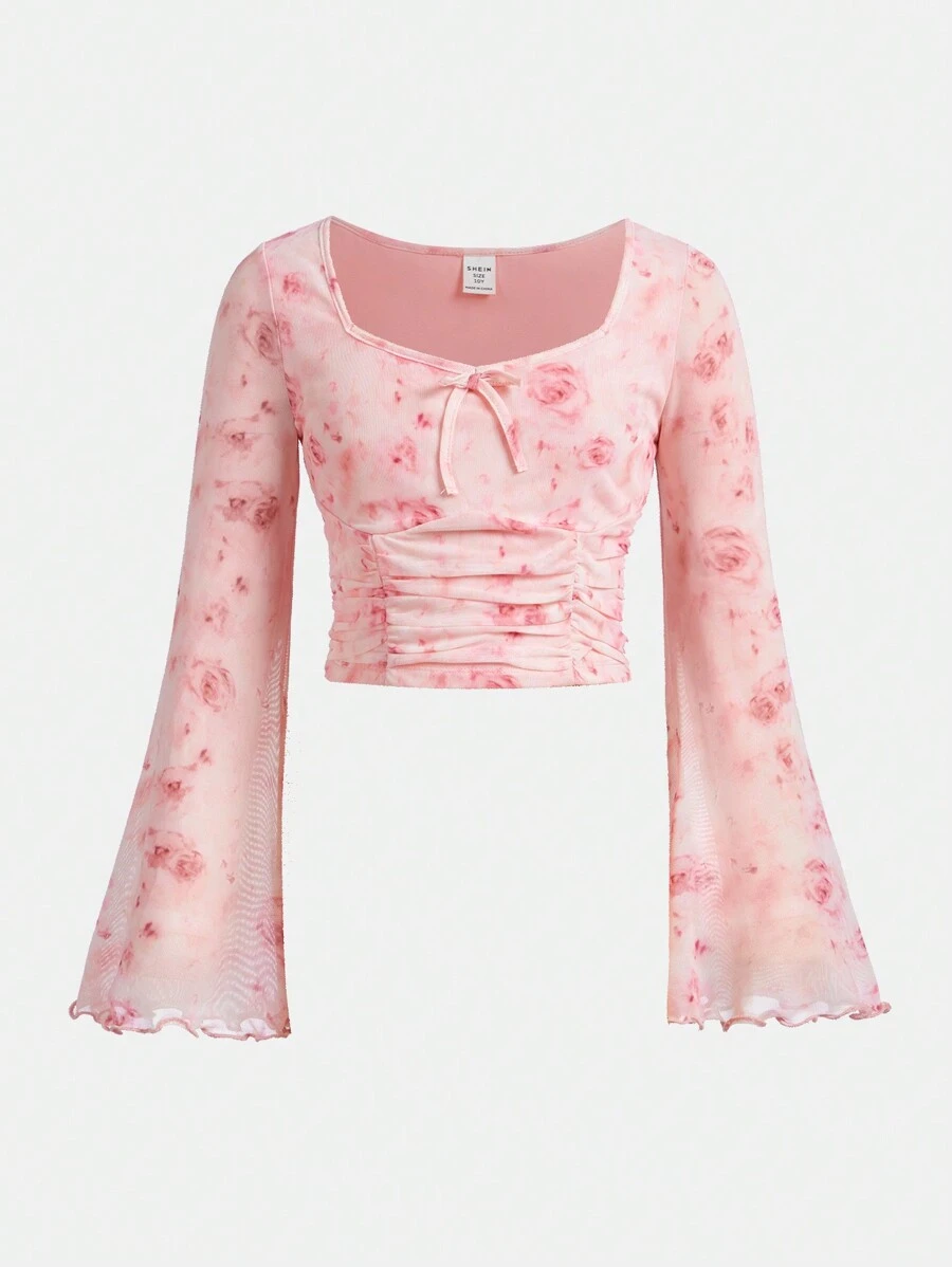 SHEIN Girlism 少女花卉印花方領短袖針織T卹 - 粉色 - 查看 1